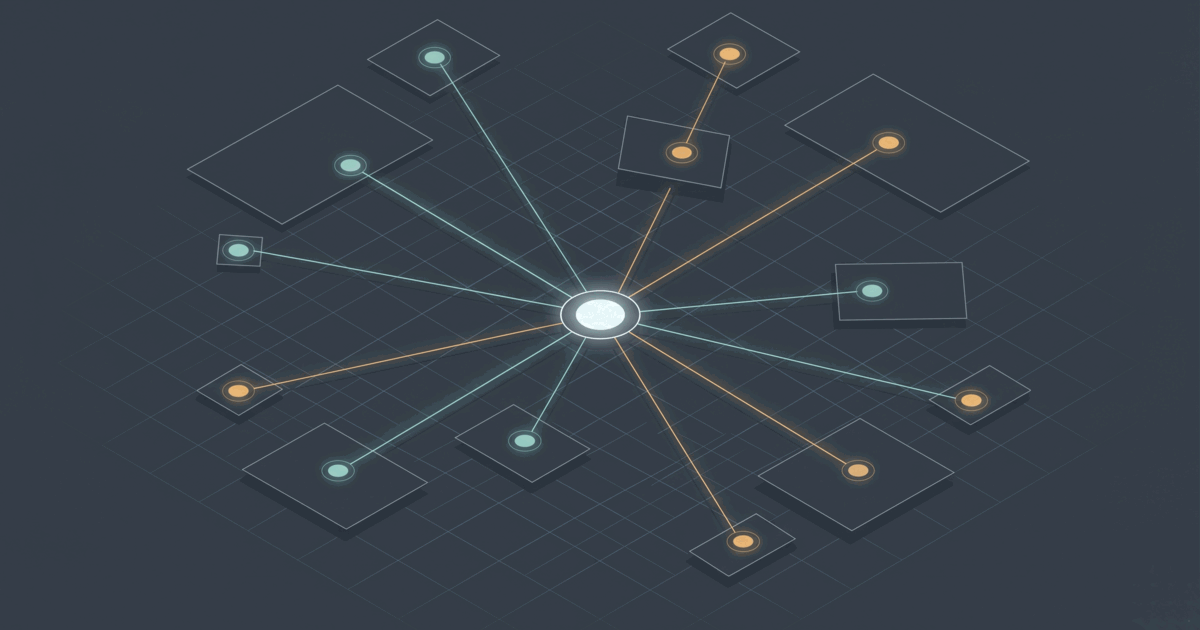 Isometric network diagram: a glowing central hub node with edges radiating out to smaller nodes embedded inside scattered org rectangles on a grid plane