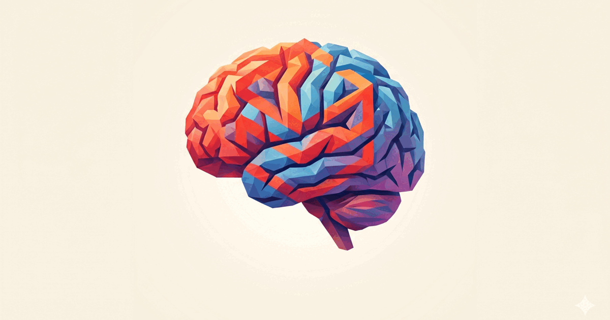 A low-poly brain in red, blue, and purple on a cream background