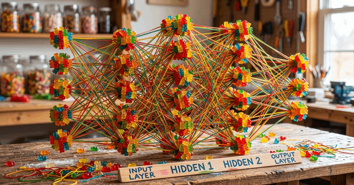 A layered, boundary-heavy network visualized as a physical model of nodes and connections