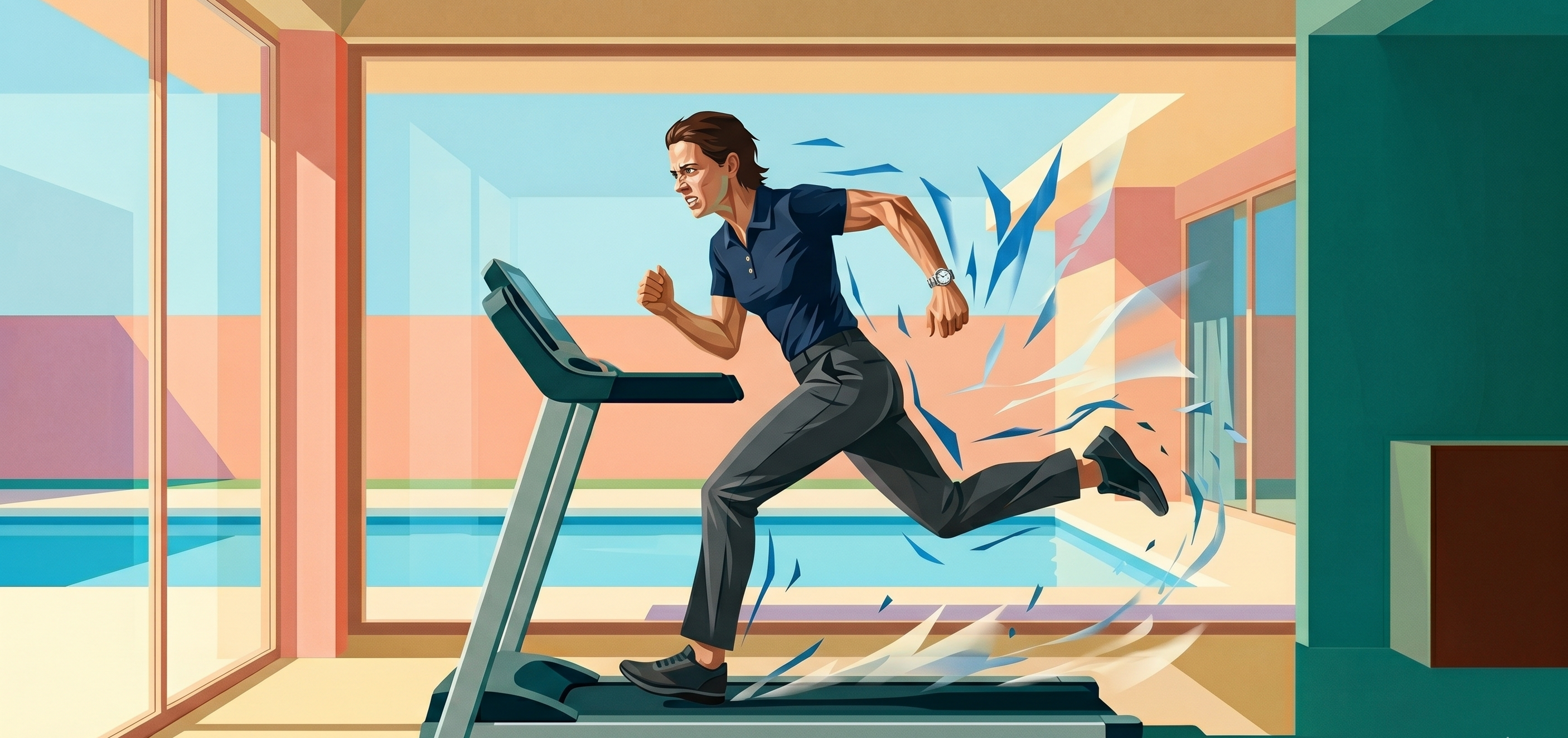 A developer sprinting flat-out on a treadmill, motion streaming off them